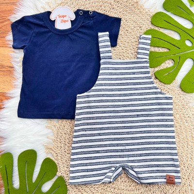 Conj. Camiseta e Jardineira em Linho Listrada - Marinho